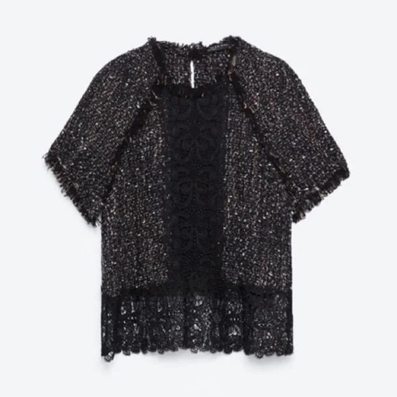 Zara Tweed & Lace Textured Short Sleeve Raw Hem Top Black Size Small - Picture 11 of 12